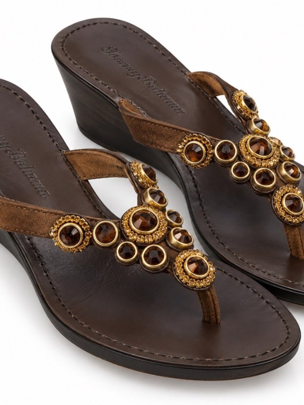 Tommy Bahama Jeweled Thong Wedge Heel Sandals Brown Leather Rhinestone Sz 9